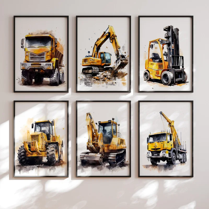 Heavy Equipment Background - Baufahrzeug LKW Jungen Kinderzimmer Wandkunst Leinwand