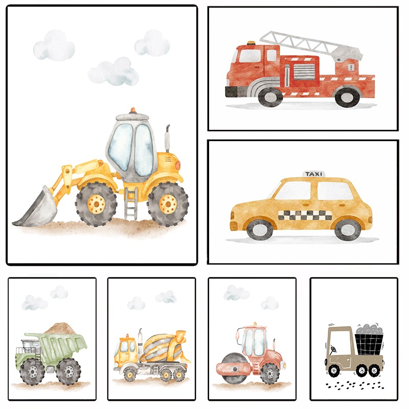 Heavy Equipment Background - Aquarell-Fahrzeuge, Wandkunst, Bau, LKWs, Notfall, Auto,