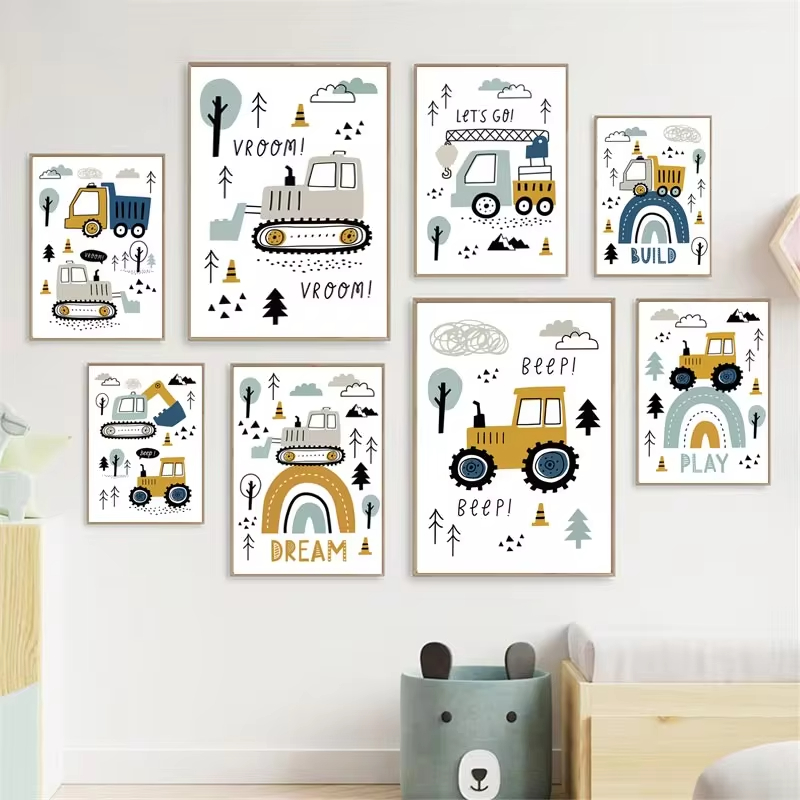 Heavy Equipment Background - Cartoon Kran Bagger Traktor LKW Poster